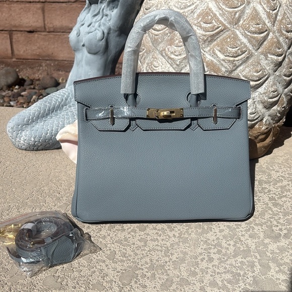 Light Blue Leather Handbag Satchel Gold Tone Hardware Double Handles NEW - Picture 13 of 13